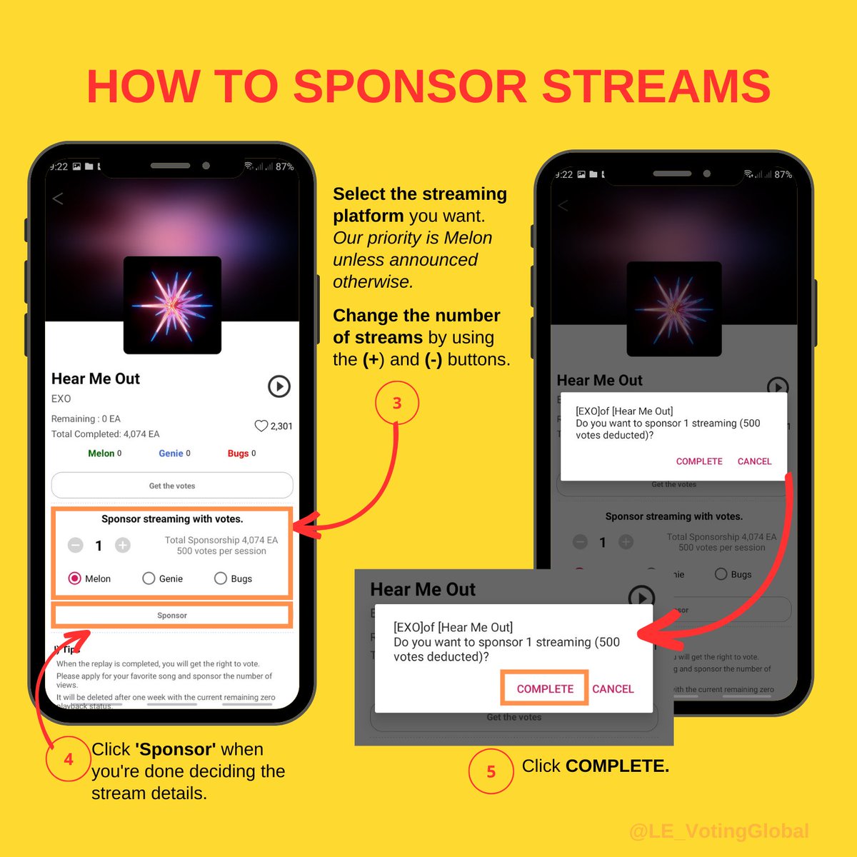 LE_VotingGlobal's tweet photo. #LEVGVT_GUIDE | DuckAD Stream Support

HOW TO SPONSOR STREAMS

1. Go to Streaming page
2. Find &amp; select the song.
3. Set the sponsor stream details.
4. Click 'Sponsor'
5. Click 'COMPLETE'.
6. Review if your sponsored streams went through.

🚨 Start sponsoring on release day. 👑 https://t.co/ptZYrYVONx