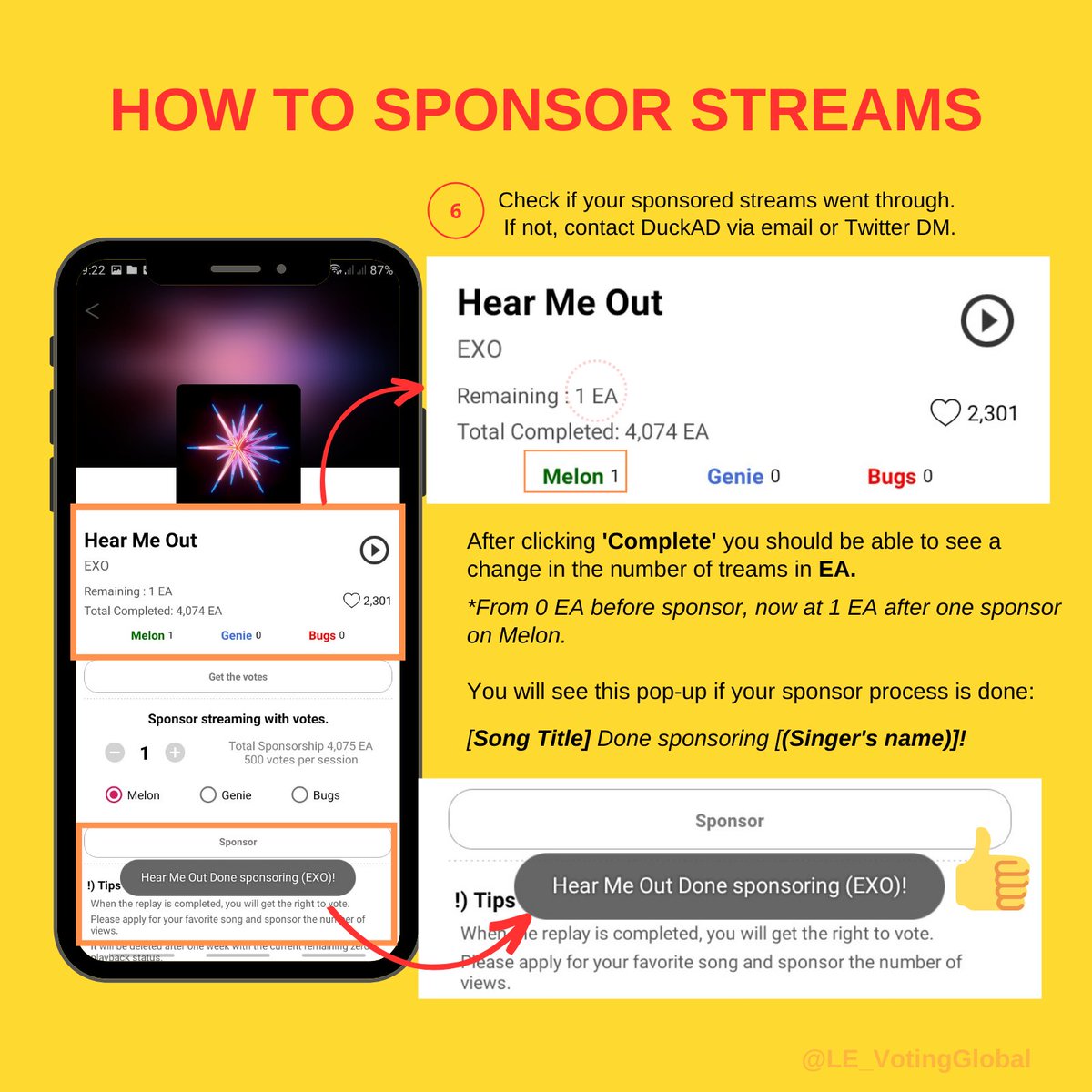 LE_VotingGlobal's tweet photo. #LEVGVT_GUIDE | DuckAD Stream Support

HOW TO SPONSOR STREAMS

1. Go to Streaming page
2. Find &amp; select the song.
3. Set the sponsor stream details.
4. Click 'Sponsor'
5. Click 'COMPLETE'.
6. Review if your sponsored streams went through.

🚨 Start sponsoring on release day. 👑 https://t.co/ptZYrYVONx