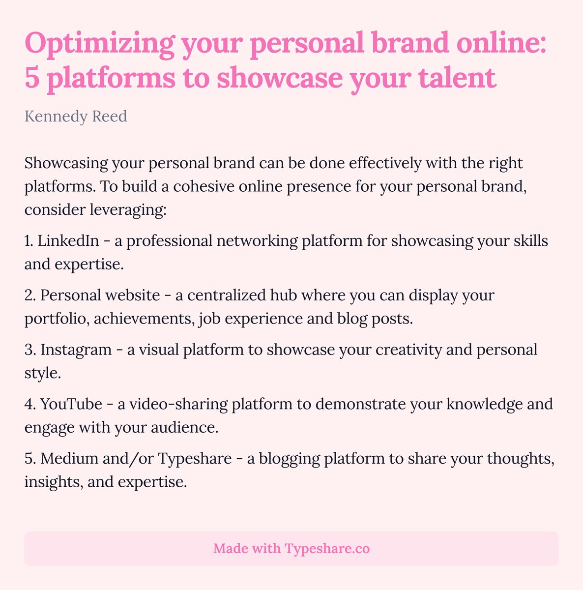 KennedyReedPR's tweet photo. Optimizing Your Personal Brand Online: Five Platforms to Showcase Your Talent https://t.co/7heZ30uAx3
