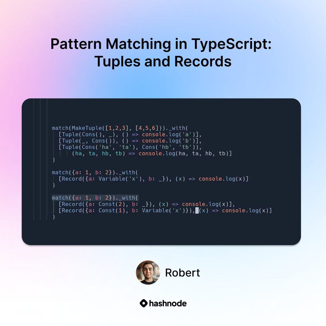 hashnode's tweet photo. Ever wondered how to translate functional programming's power into the @typescript world?

Dive into Pattern Matching via Tuples with @robgev_ 🧩

👉  https://t.co/3ssg8Fd9PH https://t.co/c5bNfC12lT