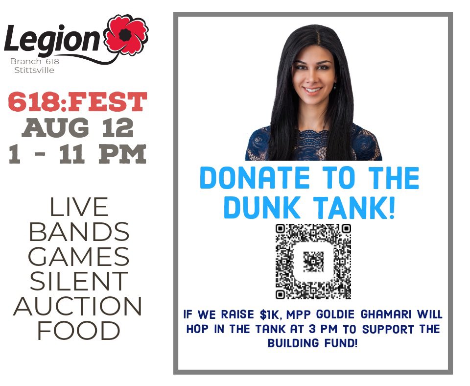 Our event is on Saturday! Please help us reach our goal. Thank you 😊 <a href="/gghamari/">Goldie Ghamari | گلسا قمری 🇮🇷</a> #618Fest #branch618 #stittsvillelegion #buildingfund #dunktank