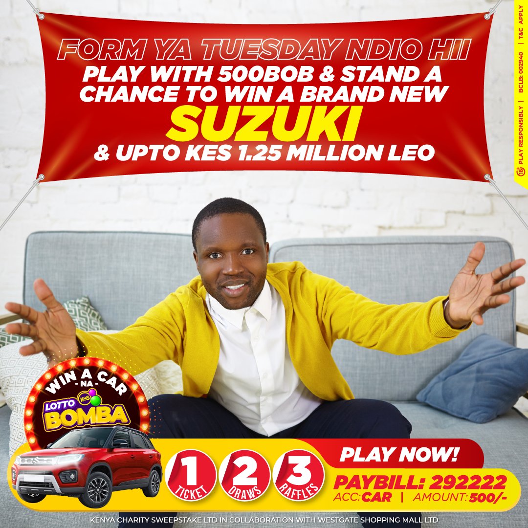 KCS_Kenya's tweet photo. Trying & winning is as EASY AS 1,2,3! Upto 1.25MILLION at 9pm! YOU COULD WIN a brand new Suzuki Vitara na BOMBA LOTTO & @WestgateMallKe
Mpesa 500 PAYBILL 292222 Account CAR
https://t.co/Puwst1zr39
#50yearsofwinning
#WinACarNaLottoBomba
#westgatemall #beawinner #ItCouldBeYou https://t.co/9tFbS946fS