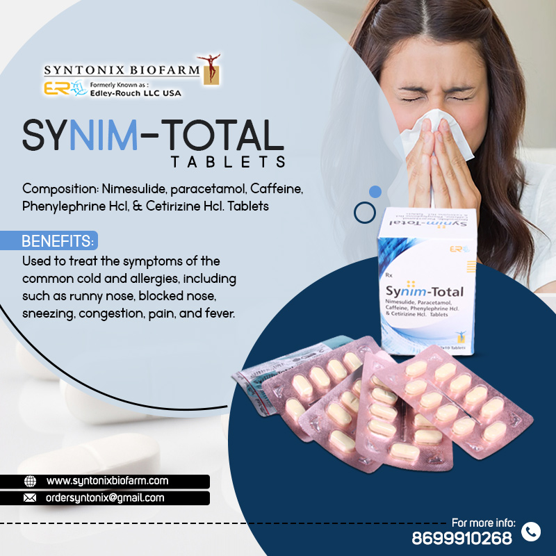 SBiofarm's tweet image. Introducing SYNIM-TOTAL Tablets By Syntonix Biofarm.
#topqualitypharmaproducts #manufacturers #qualityhealth #healthylife #syntonixbiofarm #Tablets #ThirdPartyManufacturing #thirdparty #PCDPharma 
#pcdfranchise #commoncold
