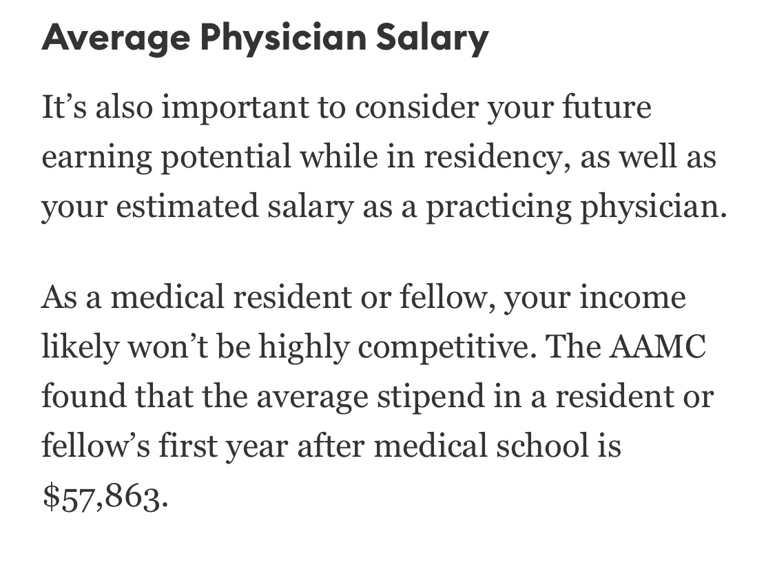 DrQuinn15's tweet photo. Debt >200k.  Plus undergrad debt.  Plus 60-80 hour weeks for 3 plus years at ~57k.  

Age !30 plus first year with high earning potential.  
IF doc goes into specialty…

Oops specialty… that’s another few years at 57 k and 60-80 plus hours a week.  

Any ?’s

#MedTwitter https://t.co/j4rfTQdhHF