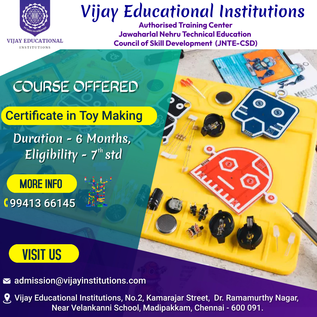 RoyalVijayEdu's tweet photo. ๐๐๐๐๐๐๐ ๐๐
๐
๐๐๐๐
๐๐ฎ๐ญ๐ก๐จ๐ซ๐ข๐ฌ๐๐ ๐๐ซ๐๐ข๐ง๐ข๐ง๐ ๐๐๐ง๐ญ๐๐ซ ๐๐ก๐ง๐-๐๐ฆ๐
Certificate in Toy Making
Duration - 6 Months, Eligiblity-7th std
#VijayEducationalInstitutions #toymaking #toys #toymaker #toy #toymake #institutions #jntecsd #coursesoffered https://t.co/q0BavgeCXy