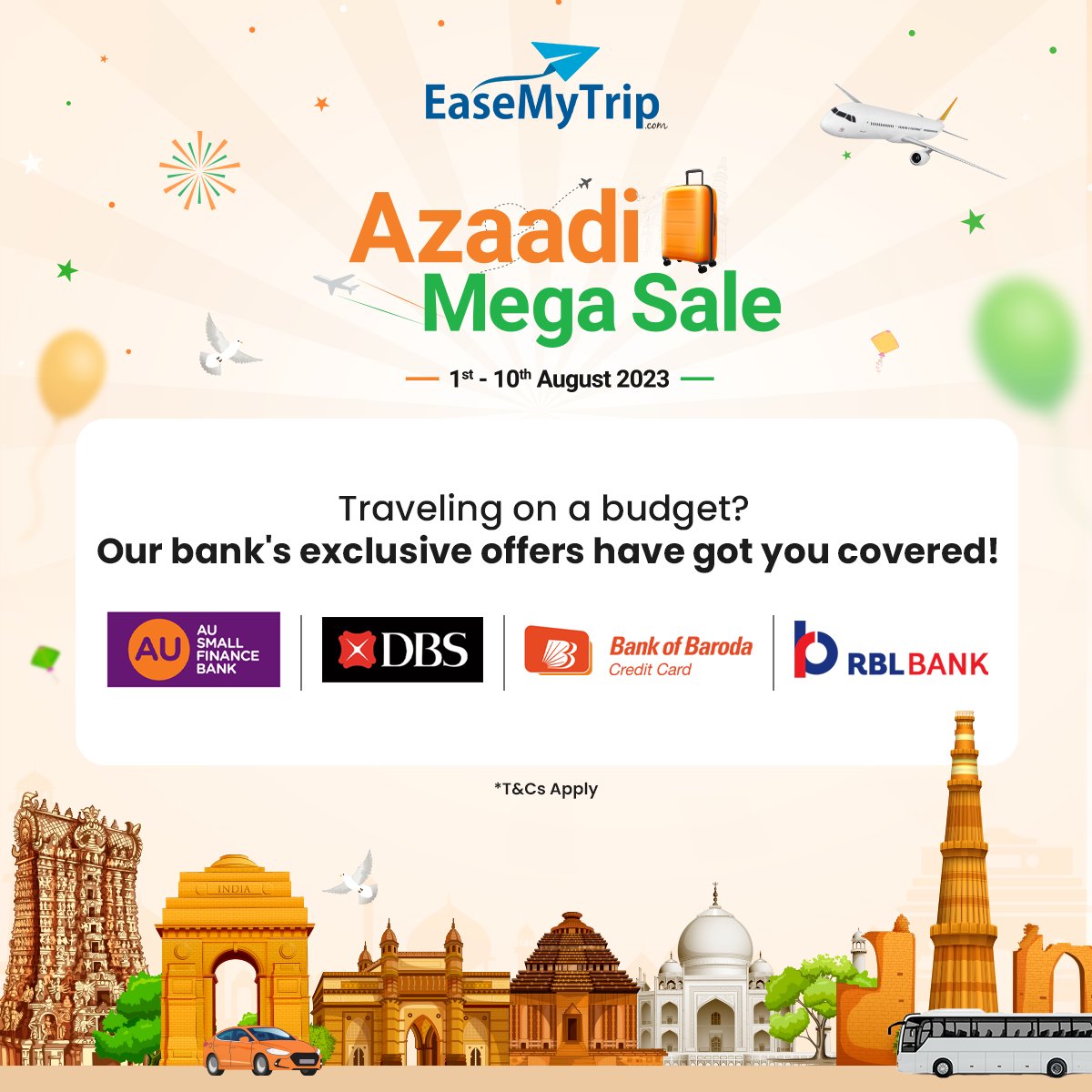 EaseMyTrip's tweet photo. Your dream vacation is made affordable with the best deals by our bank partners.
#AzaadiMegaSale #EMTAzaadi #bankpartners #travelsale #easemytrip https://t.co/YiEitCOHih