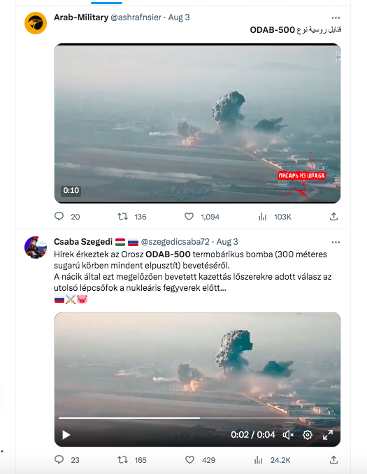 N0rth0ftheW4ll's tweet photo. Interesting Russian propaganda #disinfo campaign making the rounds on Twitter right now including the influential pro-Kremlin account @/trollstoy88. #OSINT These two accounts appear to be the first on Twitter to propagate and promote a video from Syria in 2019 as a recent Vacuum / Thermobarometric ODAB-500. This was followed by dozens of accounts, including Trollstoy88, promoted as having occurred in Ukraine s yesterday. h/t @OlgaNYC1211