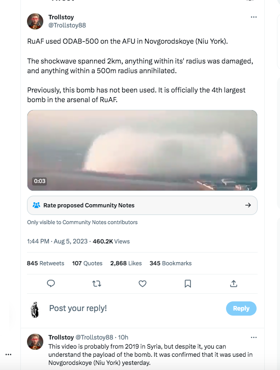 N0rth0ftheW4ll's tweet photo. Interesting Russian propaganda #disinfo campaign making the rounds on Twitter right now including the influential pro-Kremlin account @/trollstoy88. #OSINT These two accounts appear to be the first on Twitter to propagate and promote a video from Syria in 2019 as a recent Vacuum / Thermobarometric ODAB-500. This was followed by dozens of accounts, including Trollstoy88, promoted as having occurred in Ukraine s yesterday. h/t @OlgaNYC1211