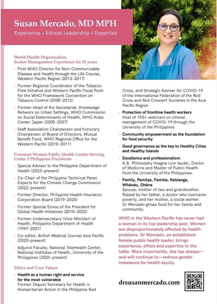 “As the Secretary of Health I am proud to endorse the most competent, qualified and  experienced candidate for WHO RD WPRO to be the first woman RD of our Region.