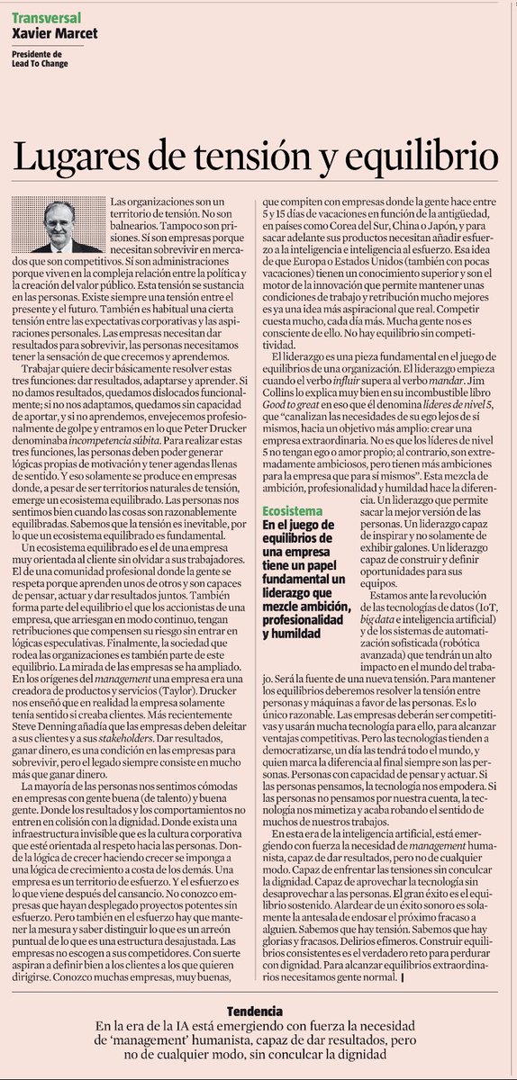Las empresas como territorios de tensión y ecosistemas de equlibrio

Las empresas compiten,  son espacios de tensión , pero también deben ser  ecosistemas de equilibrio, territorios dónde la tensión y el esfuerzo sean compatibles con la dignidad.  Hoy en <a href="/LaVanguardia/">La Vanguardia</a>