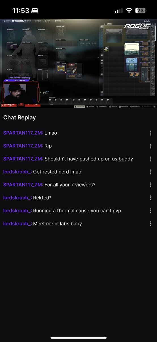 TheOnlyBigTiny's tweet photo. Awww #twitch what an amazing place…I kill 2/3 and the last one comes in and talks shit after his teammates stream snipe for him. My “7 viewers” are more then you’ll ever see on your screen my guy. #tarkov #EscapefromTarkov #getrested https://t.co/TFixYxGseM