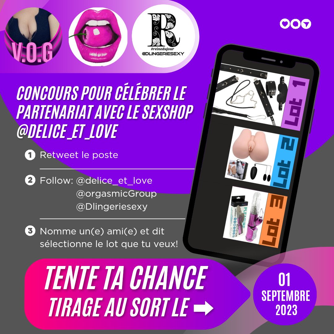 OrgasmicGroup's tweet photo. Concours pour célébrer notre #partenariat avec le #sexshop @Delice_et_Love
#1 un #kitBDSM
#2 un #buste
#3 un #rabbit
Participation:
▶️Follow: @Delice_et_Love / @DLingeriesexy & @orgasmicGroup
▶️RT
▶️#Nomme une personne en commentaire
▶️ #sélectionne ton jouet en commentaire https://t.co/K9EDTdPink
