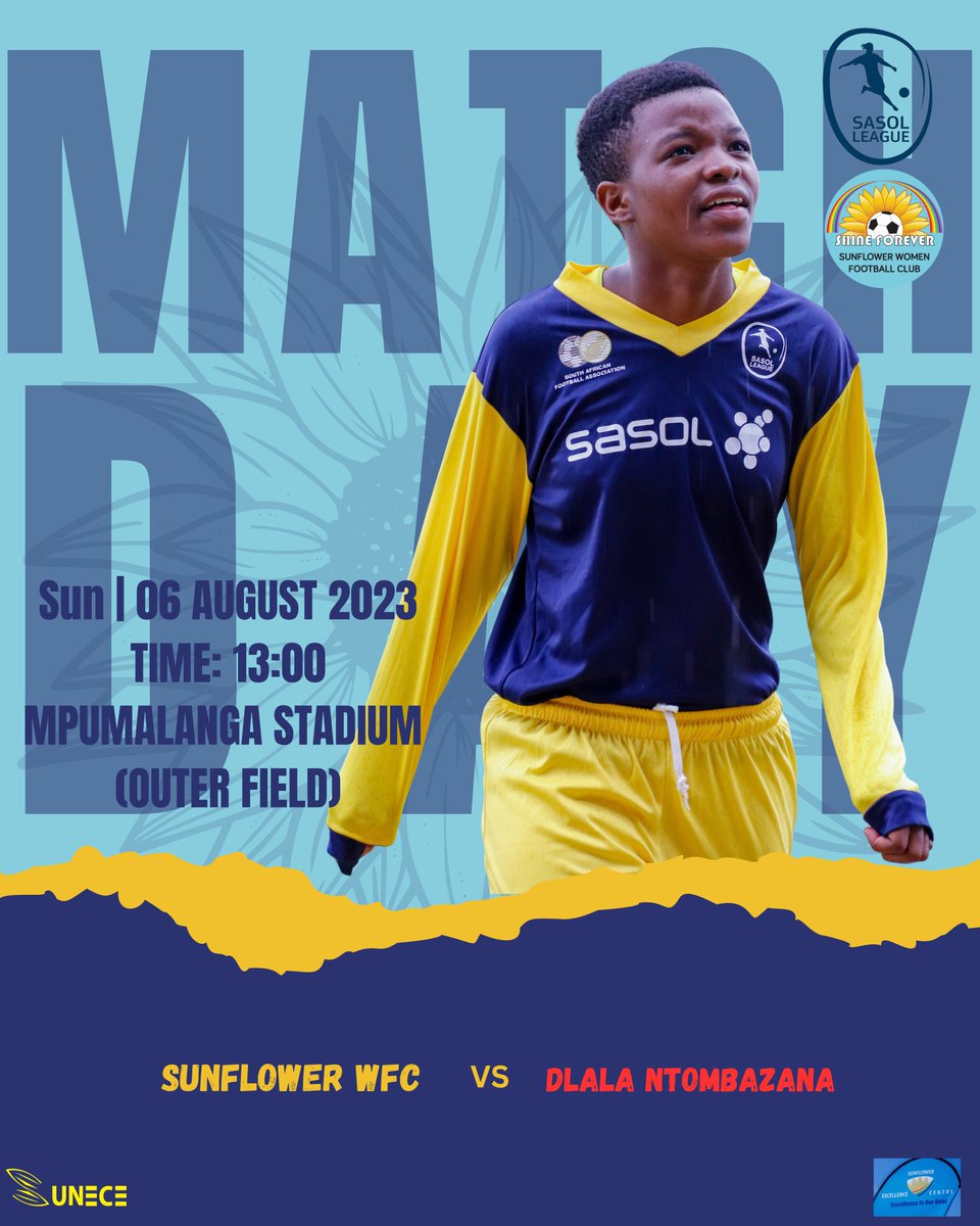Match Day!!!!
Asihlangane eMpumalanga Stadium Outer Field to Support the Ladies 
Sun | 06 August 2023
Time 13h00

#sunflowerwfc #sunece #sasolwomensleague