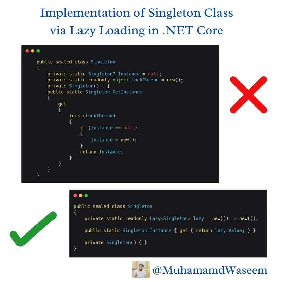 mwaseemzakir's tweet image. How to implement Singleton class lazy loaded in C#?
Create a sealed class, with a private constructor and with a public instance that returns lazily instantiated members.
𝗪𝗵𝘆 𝘀𝗲𝗮𝗹𝗲𝗱
- We want only one instance of our class
- No class should be able to inherit from this…