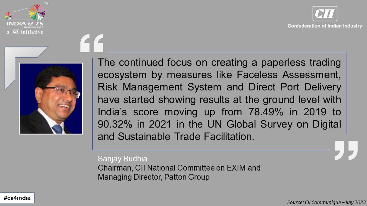 FollowCII's tweet photo. Sanjay Budhia, Chairman, CII National Committee on EXIM and MD, Patton Group talks about govt initiatives like #FacelessAssessment, Risk Management System & Direct Port Delivery and their impact on the EXIM community. Read #CIICommunique's focus story on Trade Facilitation in India - Progress & way forward that covers recent reforms and identifies areas of improvement. https://t.co/8uB5ioPI9x 
#TradeFacilitation @sbudhia_patton @CII4Global