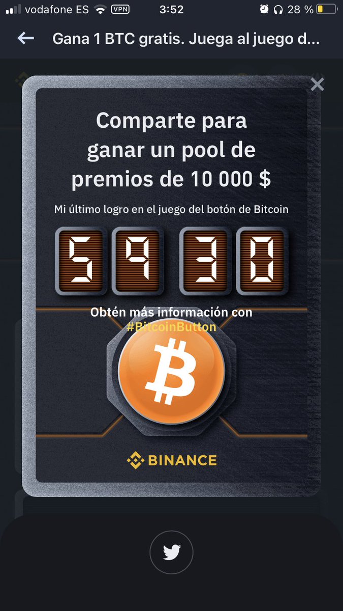 FatimaAcal's tweet photo. Comprobar mi resultado de jugar #BitcoinButton en #Binance: 59.30 s. Intenta superar mi puntuación o, mejor aún, gana el Bitcoin. 
Una pena no haber ganado mi Bitcoin https://t.co/jpSkH0VX8D #Binance #BitcoinButton https://t.co/7DSMyVKiWl