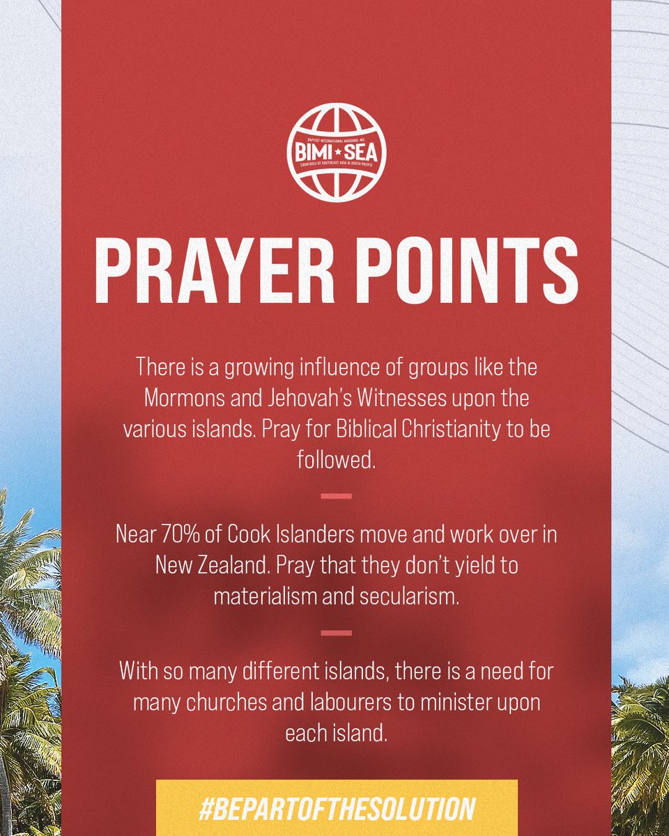 StevenMaldoff's tweet photo. 40 Days of Prayer for the People of Southeast Asia and the South Pacific.
Day 7 - Cook Islands

#bepartofthesolution and pray!
https://t.co/Tx2FFjGGQI  @BIMImissions https://t.co/i1vywOlxgI