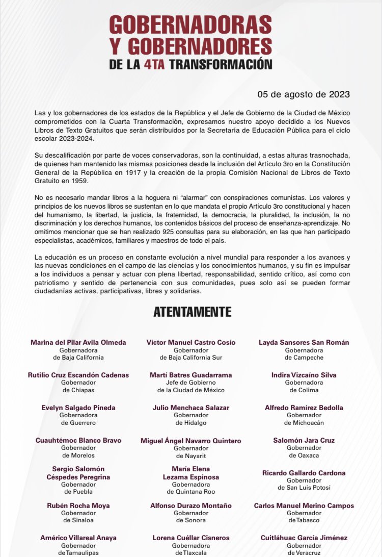 AlfonsoDurazo's tweet photo. Las gobernadoras, los gobernadores y el jefe de gobierno de la Ciudad de México expresamos nuestro apoyo a los Nuevos Libros de Texto Gratuitos para el ciclo escolar 2023-2024. https://t.co/62CzA0bUm9
