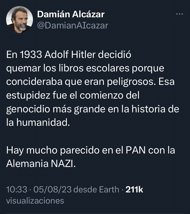 No sólo es otro caso de la sobadísima falacia “reductio ad Hitlerum” sino que este señor defiende los libros de texto de la 4T escribiendo así 👇