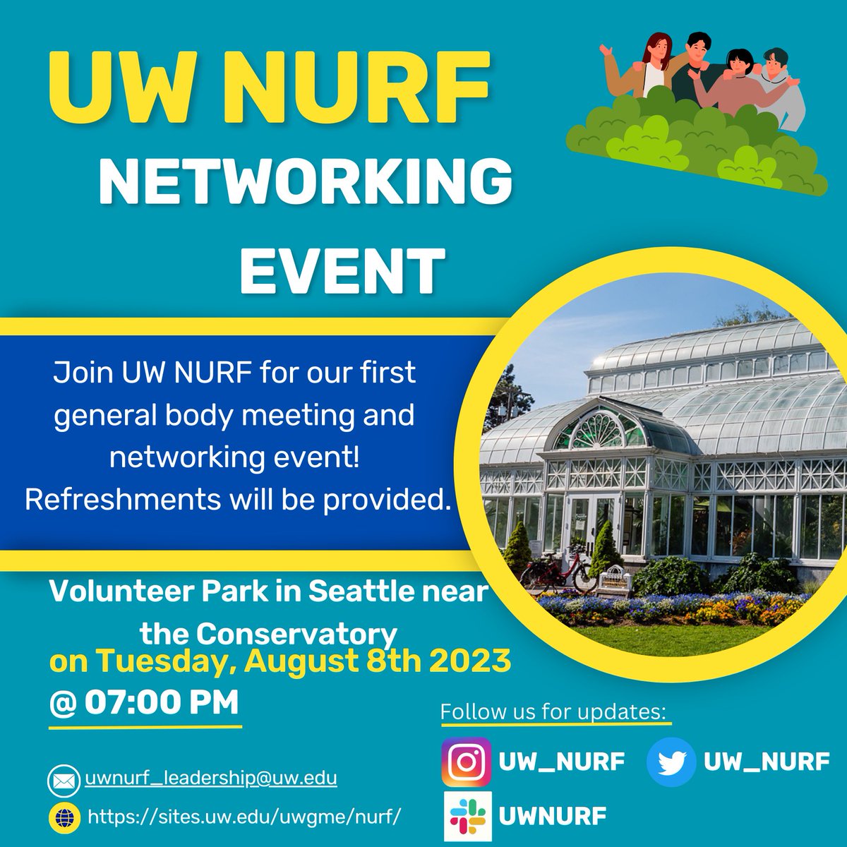 UW_NURF's tweet photo. Join us Aug 8th @ 7pm @ Volunteer Park
Conservatory to meet our new UW NURF Executive board members and get to meet co residents and fellows from UW to meet &amp; greet and network!! Refreshments provided. Feel free to contact us via social media handles for any questions! https://t.co/tIfJXVVxOg