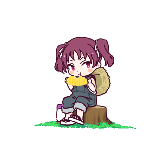 1girl solo twintails sitting eating overalls corn  illustration images