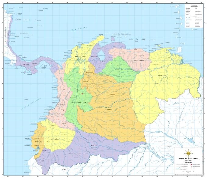 DeepSageApp's tweet photo. De 1819 a 1830 Bogotá fue capital de la República de Colombia, año en que los Departamentos de Ecuador y Venezuela se separaron del país.  Panamá se separaría en 1903. La costa Mosquitia se cedería a Nicaragua en 1928. El archipiélago de Los Monjes se cedería a Venezuela en 1956 https://t.co/qxMxTkypL3