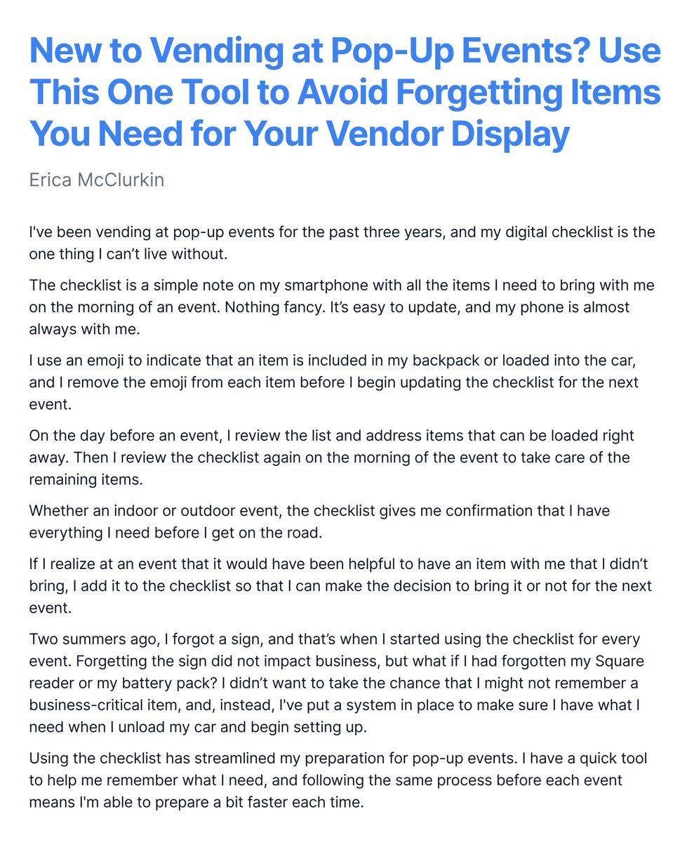 New to Vending at Pop-Up Events? Use This One Tool to Avoid Forgetting Items You Need for Your Vendor Display.

I've been vending at pop-up events for the past three years, and my digital checklist is the one thing I can’t live without.
