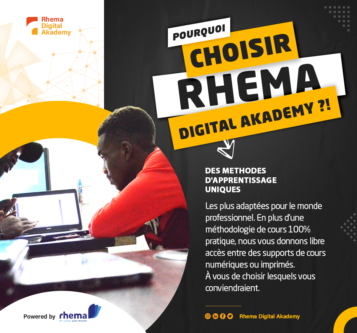rhema_com's tweet photo. Choisir la Rhema Digital Akademy, c'est choisir une formation qui vous accompagne à chaque étape de votre parcours d'apprentissage. Rejoignez-nous et découvrez comment nous pouvons vous aider à réaliser vos ambitions numériques.
#RhemaDigitalAkademy #Formation #Unique #Digital https://t.co/dYAIgNfvpJ
