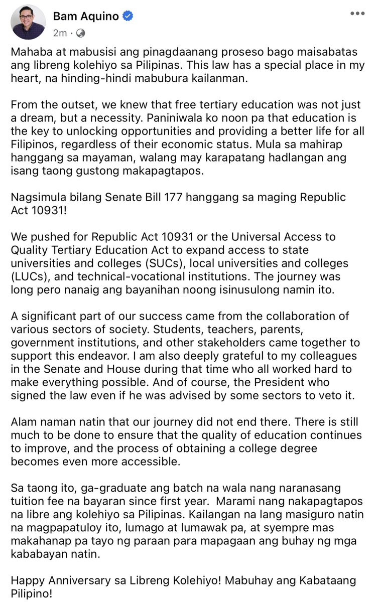 bamaquino's tweet photo. Mahaba at mabusisi ang pinagdaanang proseso bago maisabatas ang libreng kolehiyo sa Pilipinas. This law has a special place in my heart, na hinding-hindi mabubura kailanman.

Happy Anniversary sa Libreng Kolehiyo! Mabuhay ang Kabataang Pilipino! https://t.co/gqheRa69Ti