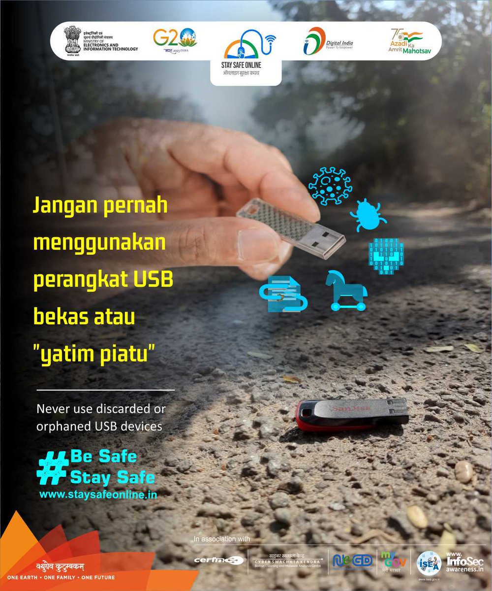SSOIndia's tweet image. Tips to #StaySafeOnline 
Visit: staysafeonline.in
#USBDrive
#cybersecuritytips #G20India #G20Summit #g20org #QUAD #Quad2023 #QuadCyberChallenge @GoI_MeitY @_DigitalIndia @g20org @mygovindia @NeGD_GoI @PMOIndia @MEAIndia @KBRI_NewDelhi @IndianEmbJkt @krisnamurthiINA