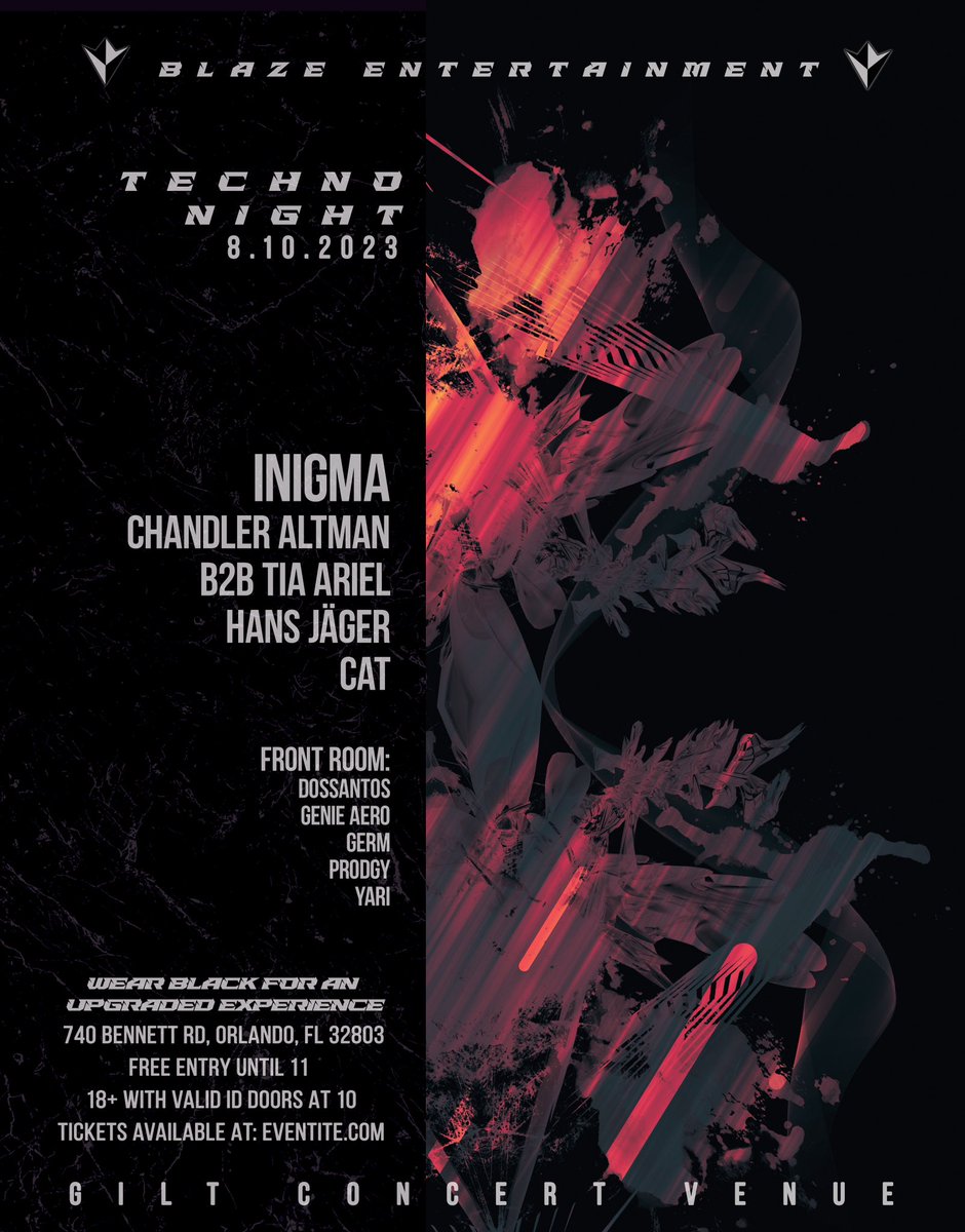 BlazeEntmt's tweet photo. 8.10.2023 Blaze Techno Night at Gilt Orlando, FL 🔥 Get ready to immerse yourself in an electrifying world of dynamic beats and entrancing rhythms as we present our latest techno event with sounds by Inigma, Chandler Altman, Tia Ariel, Hans Jager, Cat &amp; more! Ticket link in bio https://t.co/wm4My8sY2w