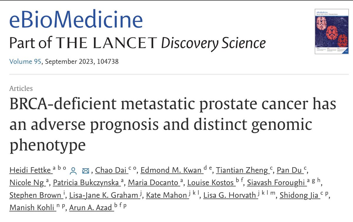 AzadOncology's tweet image. Our latest manuscript in @eBioMedicine looking at DNA damage response (DDR) alterations in #ctDNA from a large cohort of mCRPC #prostatecancer pts.
Weblink: rb.gy/zy3e8
Thanks to pts, families, investigators, @predicine, @KohliMask1020, Dr Heidi Fettke (1/9)