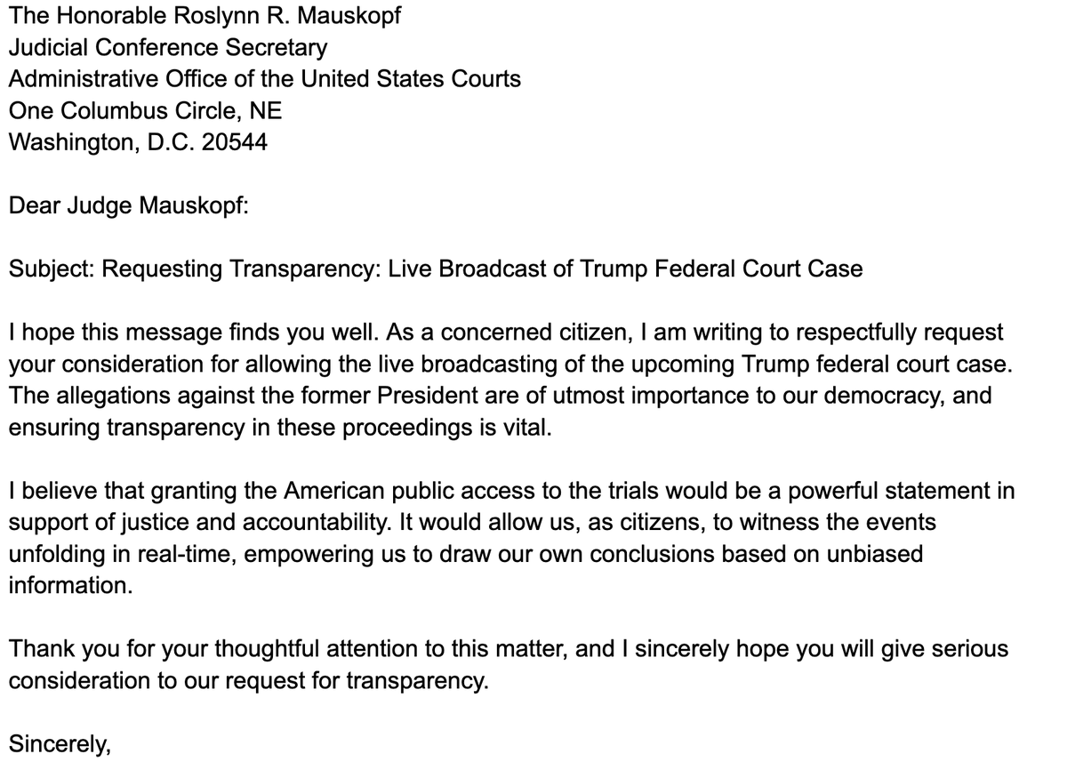 DigitalWarfare1's tweet photo. The trial must be broadcast live or RW Media will control the narrative & lie about everything & they are good at it. I decided to send a letter to the judge in charge of the decision. You should, too. #WriteYourLetter #DemVoice1 #ProudBlue #Fresh https://t.co/mnVpFunRx8