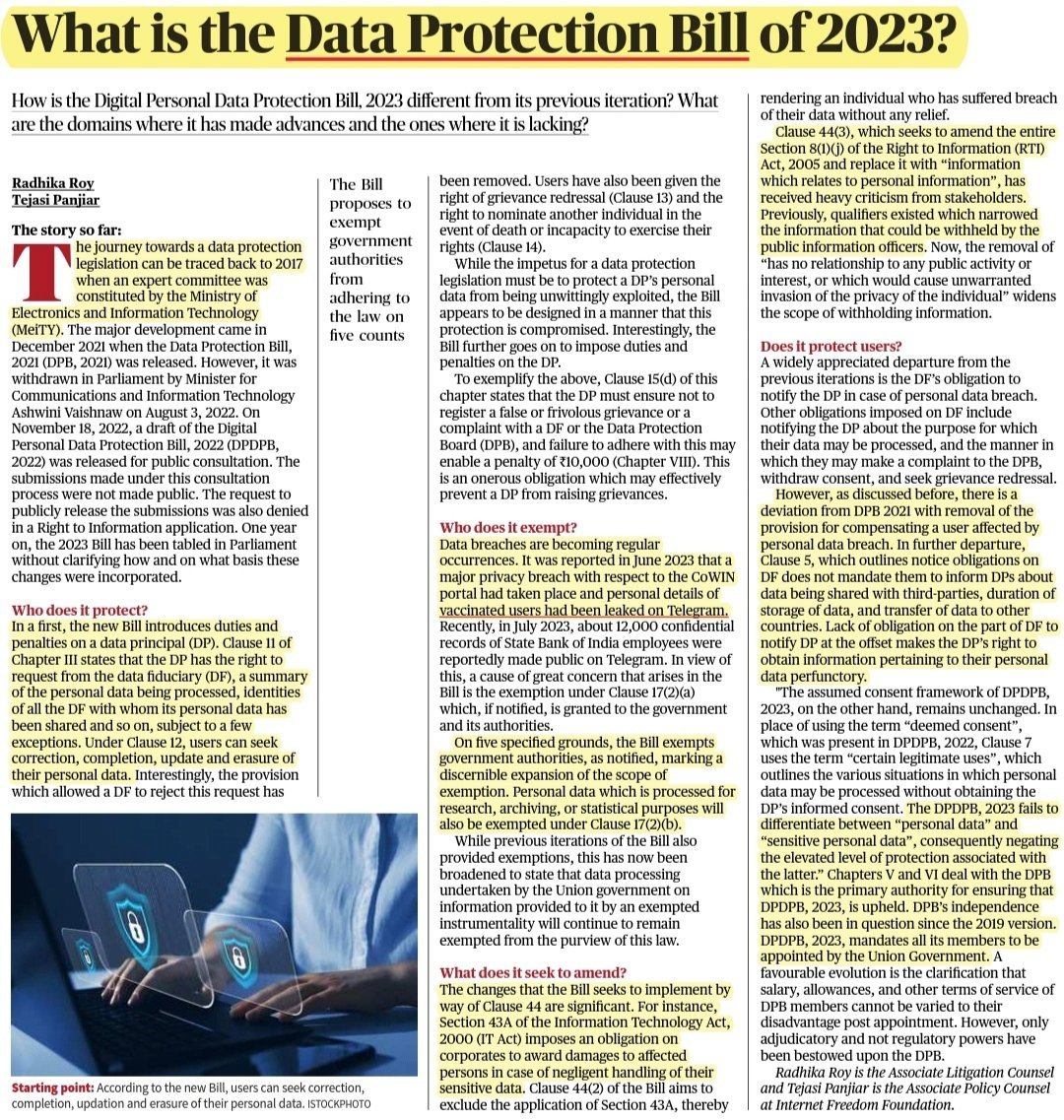 UPSCPCS360's tweet image. What is the Data Protection Bill of 2023?

Source: The Hindu 

GS Paper 2 – Government policies and issues arising out of it

Keywords: Digital Personal Data Protection Bill 2023, data privacy, data protection, cross-border data flows

#UPSC #dataprotectionBill #dataprotection