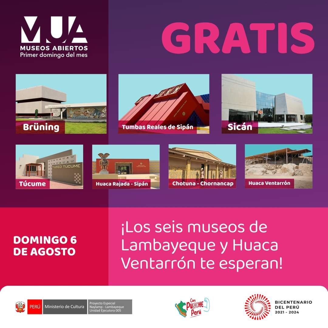 visitlambayeque's tweet photo. ��🏛 Este domingo 6 de agosto, ¡los #MuseosDeLambayeque abren sus puertas GRATIS! 👪

¡Ven y disfruta de la riqueza cultural de Lambayeque al cierre de las vacaciones escolares! 🎈🌞 
#MuseosAbiertos #ViveCultura 🇵🇪 https://t.co/hkXkZXZsin