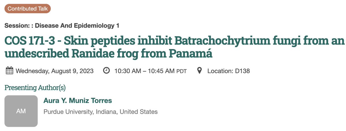 🚨🚨🚨 Come see my talk on Wednesday!!

If you are going to #ESA2023 come hear my talk about skin peptides, chytrid fungi, and such an awesome frog specie. 

Also, if you are in Portland and want to meet and talk about science over a coffee send me a DM...