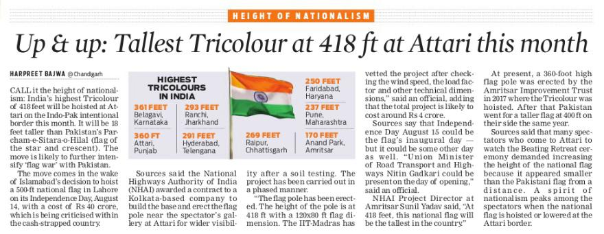 Harpreet_TNIE's tweet photo. Call it height of nationalism. India's tallest tricolour at 418 feet will be hoisted at Attari on the Indo-Pak international border this month. It will be 18 feet taller than Pakistan's Parcham-e-Sitara-o-Hilal (flag of the star and crescent). https://t.co/LiSC4Esoj1