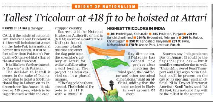 Harpreet_TNIE's tweet photo. Call it height of nationalism. India's tallest tricolour at 418 feet will be hoisted at Attari on the Indo-Pak international border this month. It will be 18 feet taller than Pakistan's Parcham-e-Sitara-o-Hilal (flag of the star and crescent). https://t.co/LiSC4Esoj1