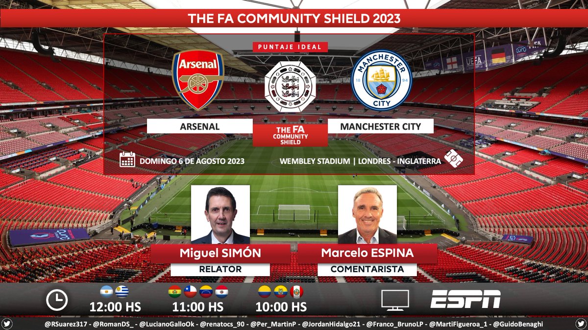 ⚽ #CommunityShield 🏴󠁧󠁢󠁥󠁮󠁧󠁿 | #Arsenal vs. #ManchesterCity 
🎙 Relator: @migsim
🎙 Comentarista: @marceloespina8
📺 #ESPN Sudamérica 
💻📱 @ESPNPLAY - @StarPlusLA
🤳 #FUTBOLxESPN - #ESPNenStarPlus - #ARSMCI 
Dale RT 🔃