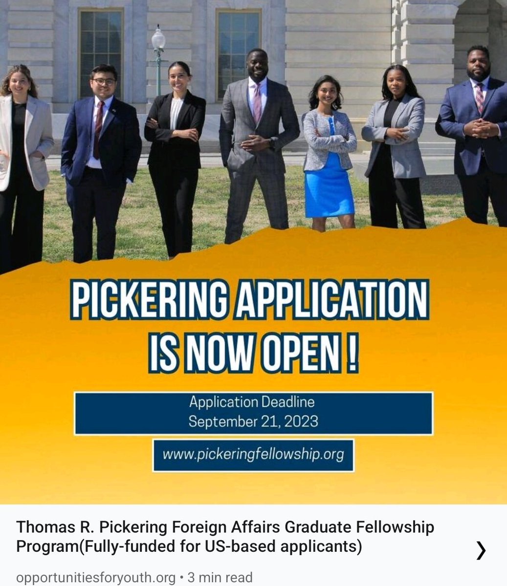 opportunitiesfy's tweet photo. Apply now for the 2024 Pickering Fellowship! Funding for 2-year grad programs, up to $42,000/year. Don't miss out! Learn more & apply: https://t.co/JXHaBxsttK
#PickeringFellowship #InternationalDevelopment #USForeignService https://t.co/CU03VLTCbx