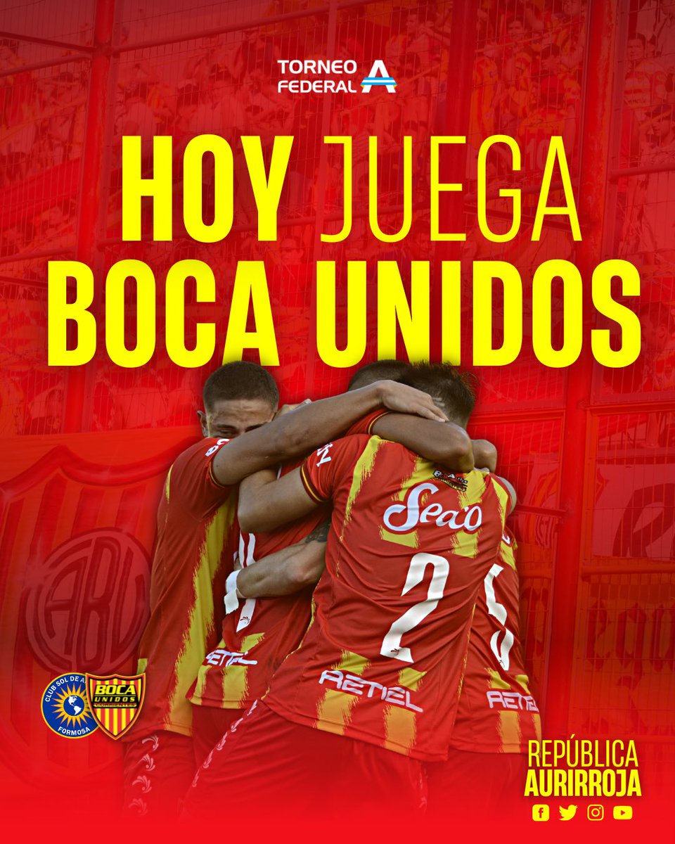 BocaUnidosRA's tweet photo. 𝗛𝗢𝗬 #JuegaBocaUnidos 🥳⚽️
🆚 #SolDeAmérica
🏆 #FederalA - Fecha 25
⏰ 20:00
🏟 Estadio Sol de América (Formosa)
📺 #RAStreaming (YouTube).
#VamosAurirrojo ❤️💛 https://t.co/dBIfN4pLfn