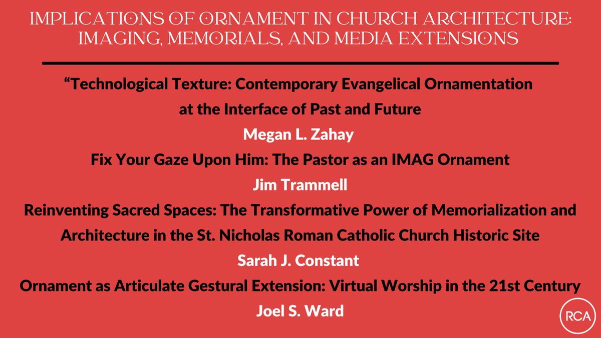 Religious Communication Association (@religiouscommu1) on Twitter photo Implications of Ornament in Church Architecture: Imaging, Memorials, and Media Extensions
Session 1D
ABS (Downstairs)
Chair: Joel S. Ward, <a href="/GenevaCollege/">Geneva College</a>
Respondent: Elaine S. Schnabel, <a href="/UNC/">UNC-Chapel Hill</a>
#RCA2023 <a href="/NatComm/">National Communication Association</a> Implications of Ornament in Church Architecture: Imaging, Memorials, and Media Extensions
Session 1D
ABS (Downstairs)
Chair: Joel S. Ward, <a href="/GenevaCollege/">Geneva College</a>
Respondent: Elaine S. Schnabel, <a href="/UNC/">UNC-Chapel Hill</a>
#RCA2023 <a href="/NatComm/">National Communication Association</a>