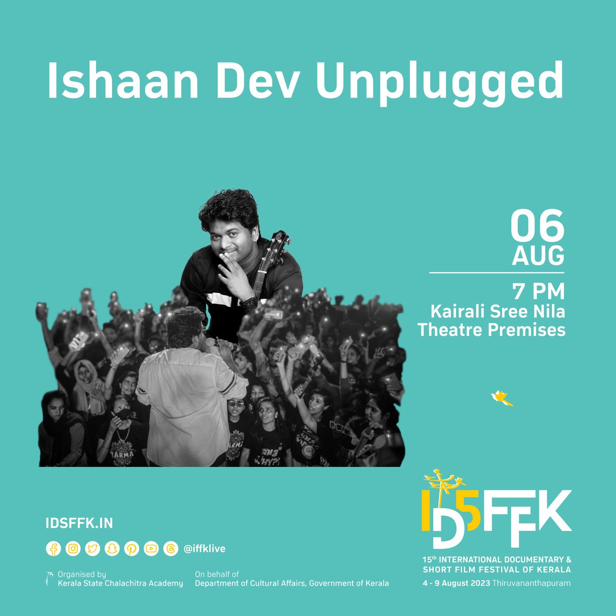 iffklive's tweet photo. Cultural Programme: Ishaan Dev Unplugged
Today 7pm at Kairali Theatre Premises
#IDSFFK #15IDSFFK #chalachitraacademy #KSCA #CulturalProgrammes https://t.co/QmX65NvMgC