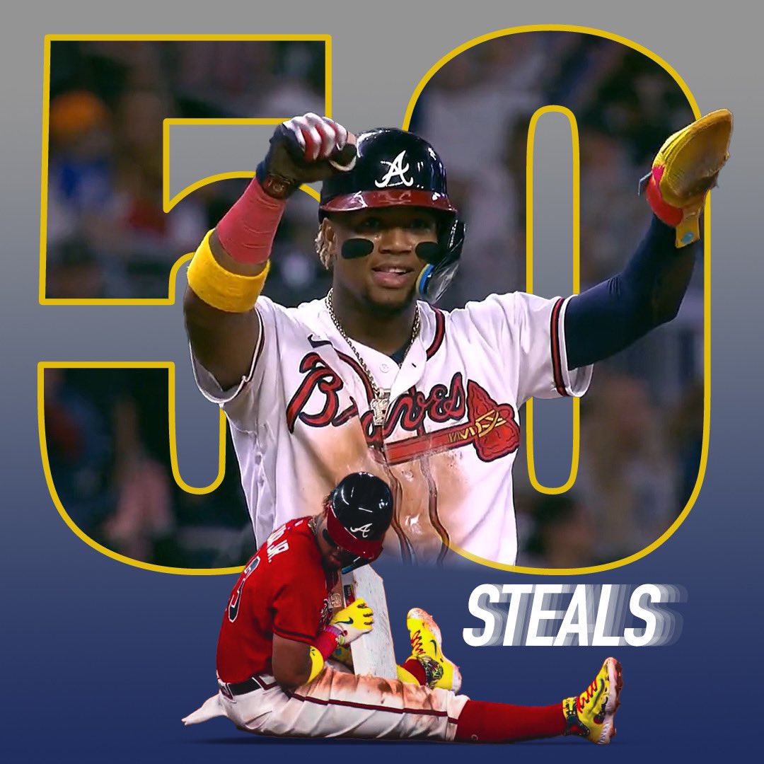 Ronald Acuña Jr. reached a big milestone last Saturday by stealing 50 bases. He’s the first player to swipe 50 bags since Dee Strange-Gordon and Billy Hamilton did it in 2017. Dee got 60 and Billy got 59. Acuña is at 50 and it’s only August! Enjoy this graphic I made.