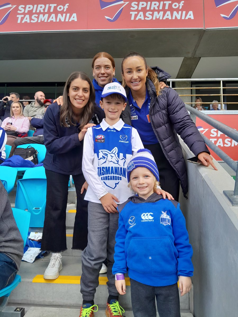 JoryLinscott's tweet photo. @NMFCWomens at Blundstone Arena supporting @NMFCOfficial 
My boys where pretty chuffed to get this pic. Love the Tassie Map Jumper #AFL #aflw https://t.co/OGIfhpdGQi