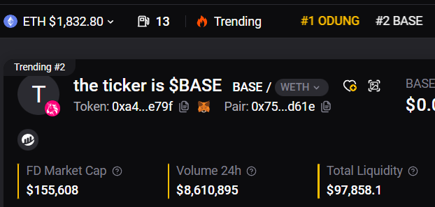 thetickerisbase's tweet photo. Trending #2 on @CoinScanDeFi 

Why bridge if you can $BASE? https://t.co/BtsHIECTfb