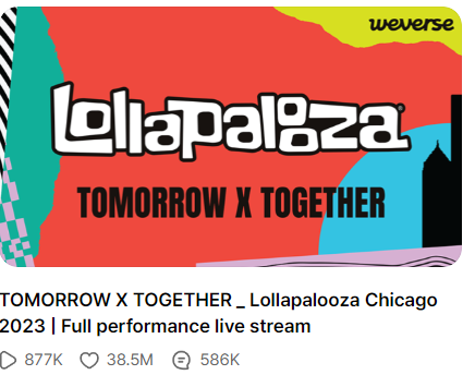 TXTChartData's tweet photo. .@TXT_members Lollapalooza performance recorded over 877K views on Weverse &amp; 119k real-time views on YouTube. 🔥
*not counting views from HULU https://t.co/eorzYmE73P