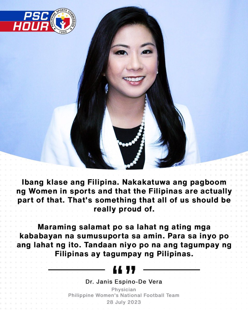 Dr. Janis Espino-De Vera
Physician, Philippine Women’s Football Team | 28 July 2023

#PSCHour
#PSCatWork
#SerbisyongPSC