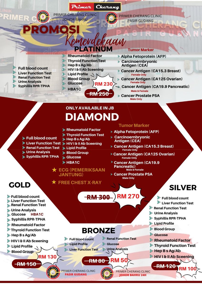pccjb24h's tweet photo. ‼️ PROMOSI HARI KEMERDEKAAN ‼️

Pemeriksaan Kesihatan ‼️

Pemeriksaan kesihatan atau pemeriksaan adalah ujian perubatan yang dijalankan oleh doktor atau pakar perubatan untuk memeriksa keadaan kesihatan individu.

Ia membantu mengesan sebarang tanda-tanda penyakit lebih awal, https://t.co/9qQXE2mmrY