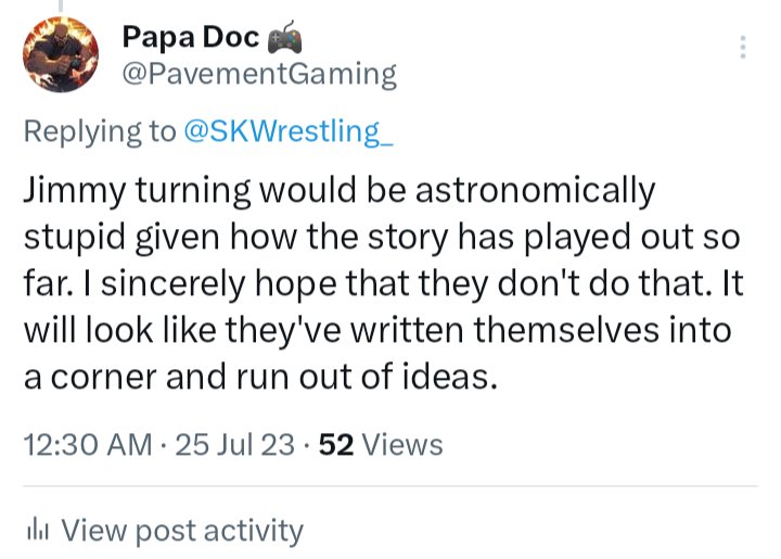 @SKWrestling_ Going in circles now. It's like when your favorite movie franchise does one too many sequels. This was really bad story telling. I knew they'd milk until the story got stale